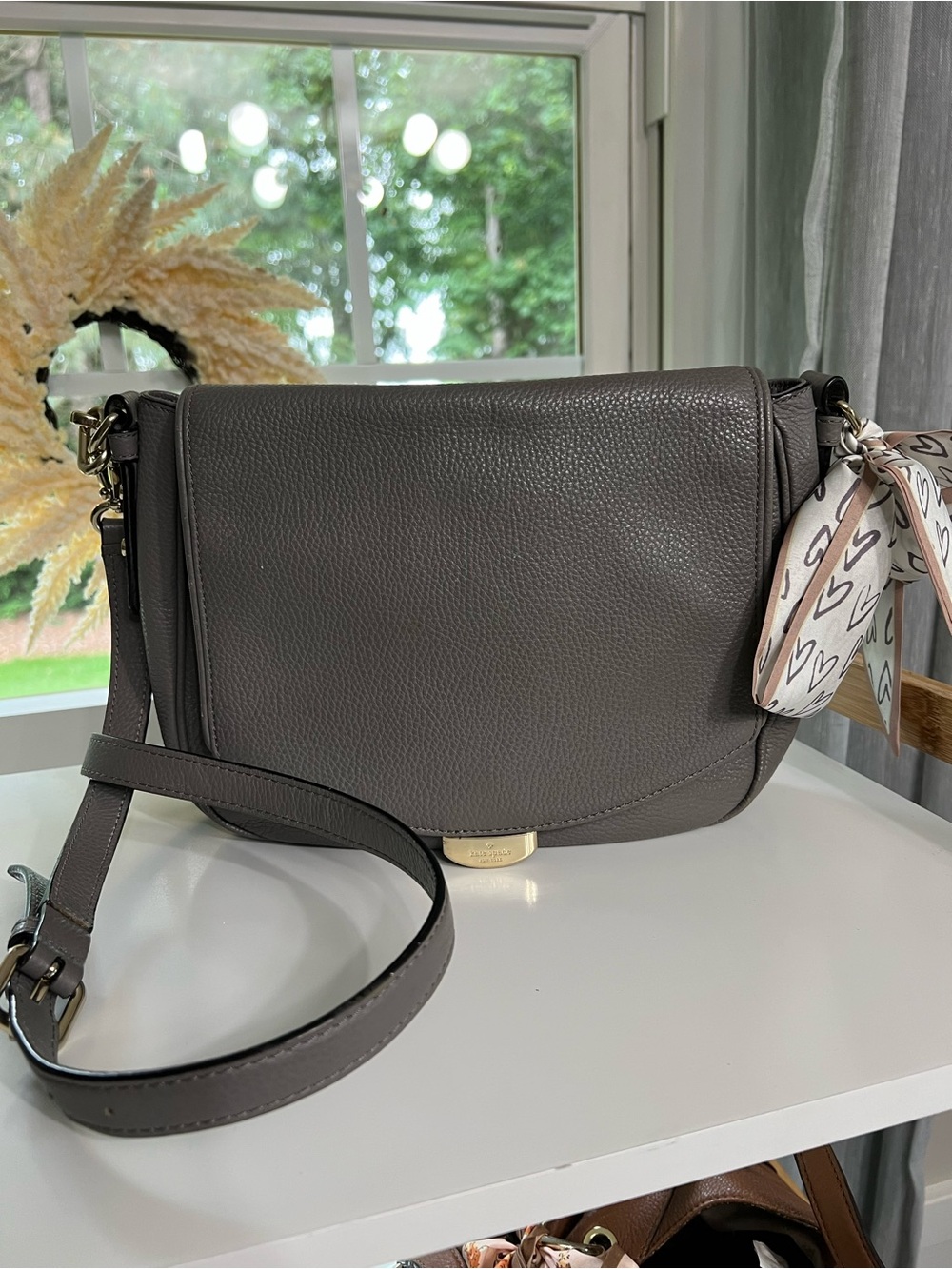 kate spade Pebbled Leather Crossbody in grey with Heart Scarf Accent